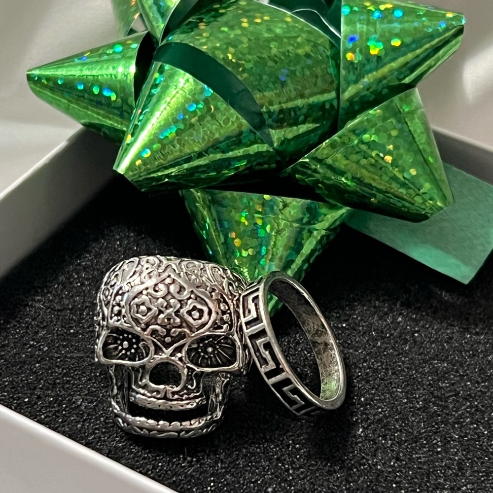 Silver Skull Ring with Geometric Band